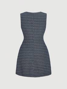 SHEIN MOD Women's Round Neck All-Over Print Elegant Waist Cinched Denim Party Dress - Dark Wash - View 2
