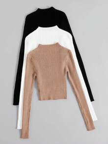 Set 3pz Lucia, blusa acanalado y manga larga con cuello circular. - Camel - Ver 2