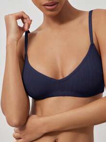 Ocili 100% Cotton Ribbed Comfortable Basic Minimalist Chic Autumn Casual Women Bra - Navy Blue - View 6