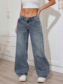 SHEIN PETITE Women's Casual Everyday Washed Slant Pocket Straight Leg Jeans - Blue - View 3