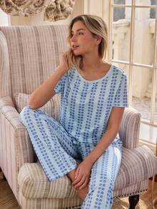 SHEIN Doze Lane Polka Dot Print Casual Round Neck Short Sleeve Pants Women Pajama Set - Baby Blue - View 4