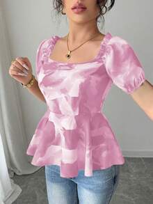 Elenzga 女士优雅印花荷叶边泡泡袖收腰衬衫 - 粉色 - 查看 3