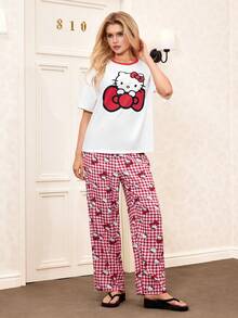 HELLO KITTY AND FRIENDS | SHEIN 女士可爱蝴蝶结卡通图案短袖T恤和格子长裤睡衣套装，春夏秋季 - 白色 - 查看 1