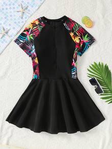 SHEIN 少女彩色热带植物印花拉链连体泳衣连衣裙，保守款式，适合海滩度假穿着 - 彩色 - 查看 3