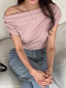 DAZY Solid Asymmetrical Neck Batwing Sleeve Tee,Off Shoulder Top - Pink - View 4