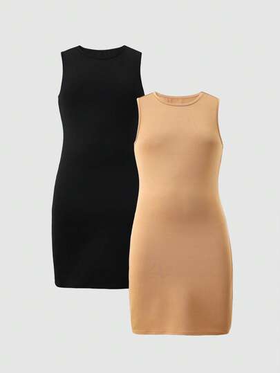 2pcs Tween Girls Sleeveless Fitted Knit Dress, Black/Khaki, Stretchy Fabric, Suitable For Daily, Casual, Party Occasions