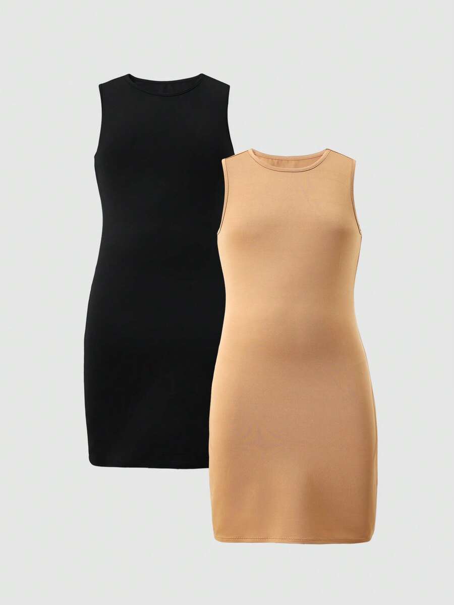 2件装少女无袖修身针织连衣裙，黑色/卡其色，弹力面料，适合日常、休闲、派对等场合 - 彩色 - 查看 1