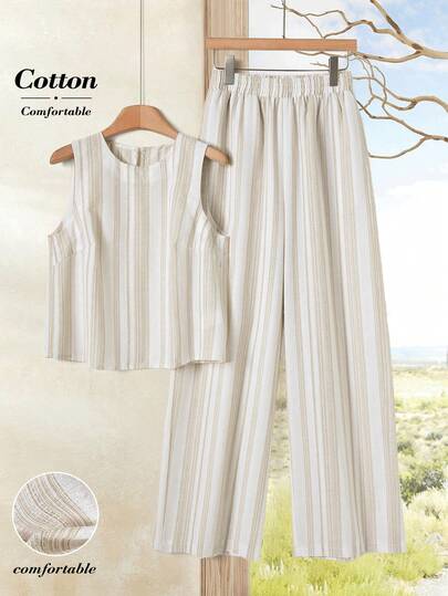 Rusticease Khaki 2pcs/Set Women Striped Casual Camisole And Wide Leg Pants Cotton Casual Sets For Women  Holiday Outfits For Women Sleeveless Vest Top And Trousers Set Summer Outfits For Women Going Out Outfits Elegant Women's Set  Co Ords Sets Women Summer Cotton Sets Women 2 Piece Linen Set Women  Matching Sets Women Comfy