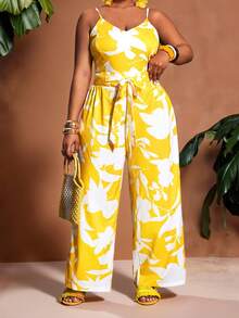 Slaydiva Spring/Summer New Music Festival, Easter, St. Patrick's Day, Western, Nomadic, Birthday Party, Casual, Vacation, Cruise Travel, Airport Floral Print Holiday Camisole Top And Wide Leg Pants Plus Size Women 2-Piece Set - Yellow - Yellow - View 2