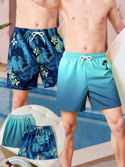 SHEIN 2pcs/Set Tween Boys Swimwear, Tropical Plant & Ombre Palm Tree Print Beach Shorts, & Personalized Beach Holiday Style, Suitable For Summer