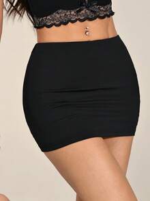 SHEIN PETITE 女士黑色性感休闲迷你紧身裙（含打底裤） - 黑色 - 查看 3