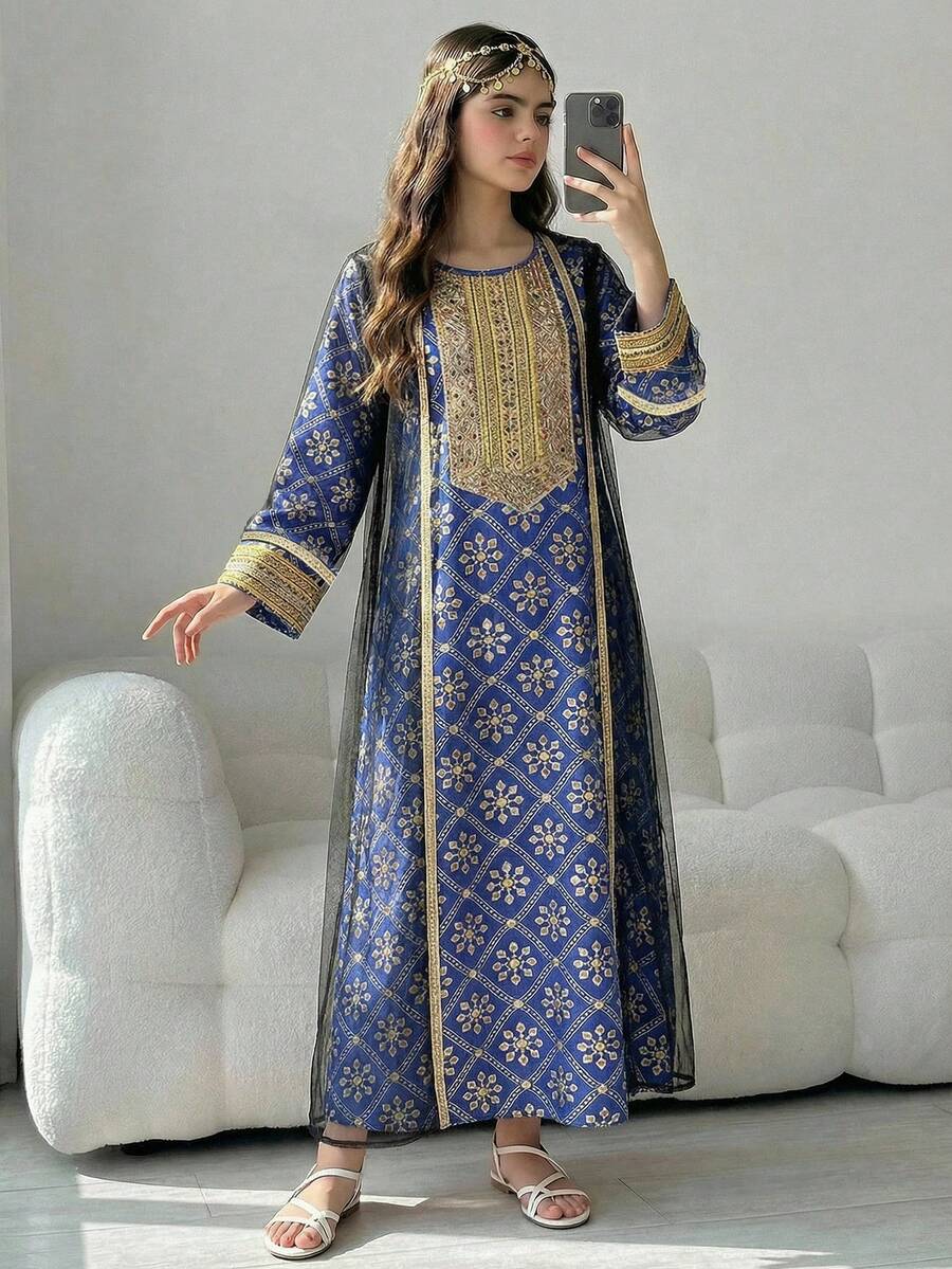 Tween Girl Allover Print Ribbon Dress And Long Sleeve Jacket Elegant Set - Multicolor - View 1