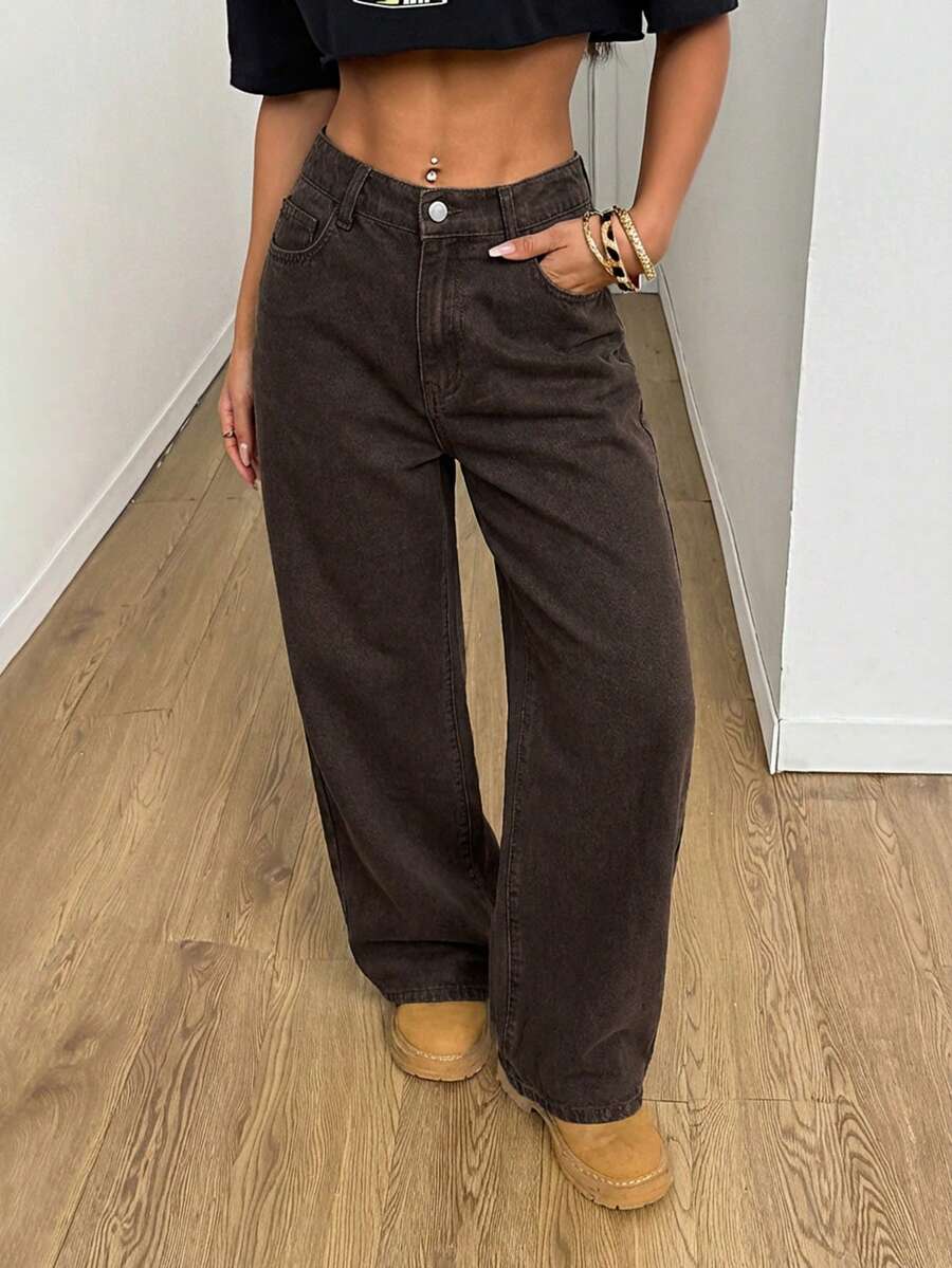 SHEIN PETITE Women's Camouflage Pattern Elastic Waistband Jeans Winter Jeans Party Streetwear Jeans - Brown - View 1