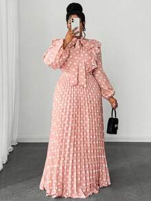 Maweii 大码女士优雅浪漫精致法式波点婚礼宾客V领雪纺荷叶边泡泡袖收腰褶皱飘逸长裙 - 彩色 - 查看 5