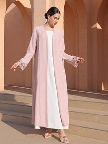 Graceveil Áo Abaya dài tay, màu trơn, kiểu dáng mở phía trước, dành cho nữ, thoải mái và đa năng, phù hợp mặc hàng ngày. - Bụi hồng - Xem 5