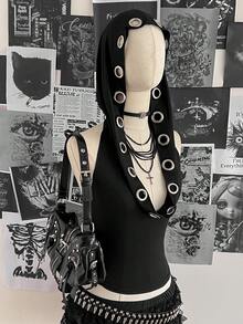 Attitoon 女士复古性感Y2K音乐节朋克露背连帽吊带上衣 - 黑色 - 查看 3