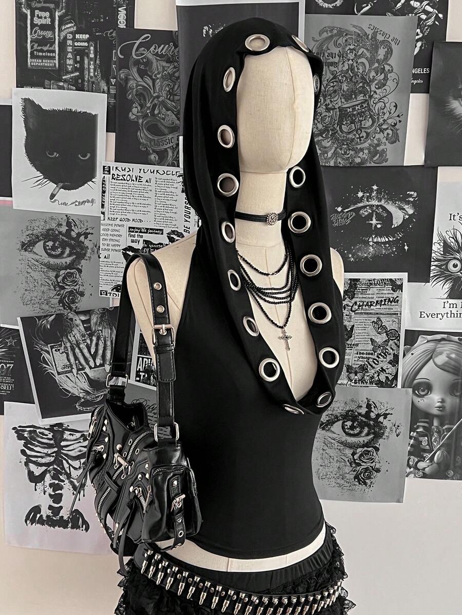 Attitoon Women's Retro Sexy Y2K Music Festival Punk Backless Hooded Halter Top - Black - View 1