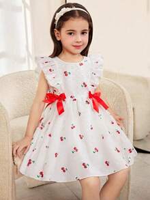 女童樱桃印花短袖连衣裙，带蝴蝶结，适合夏季和假期穿着 - 白色 - 查看 3