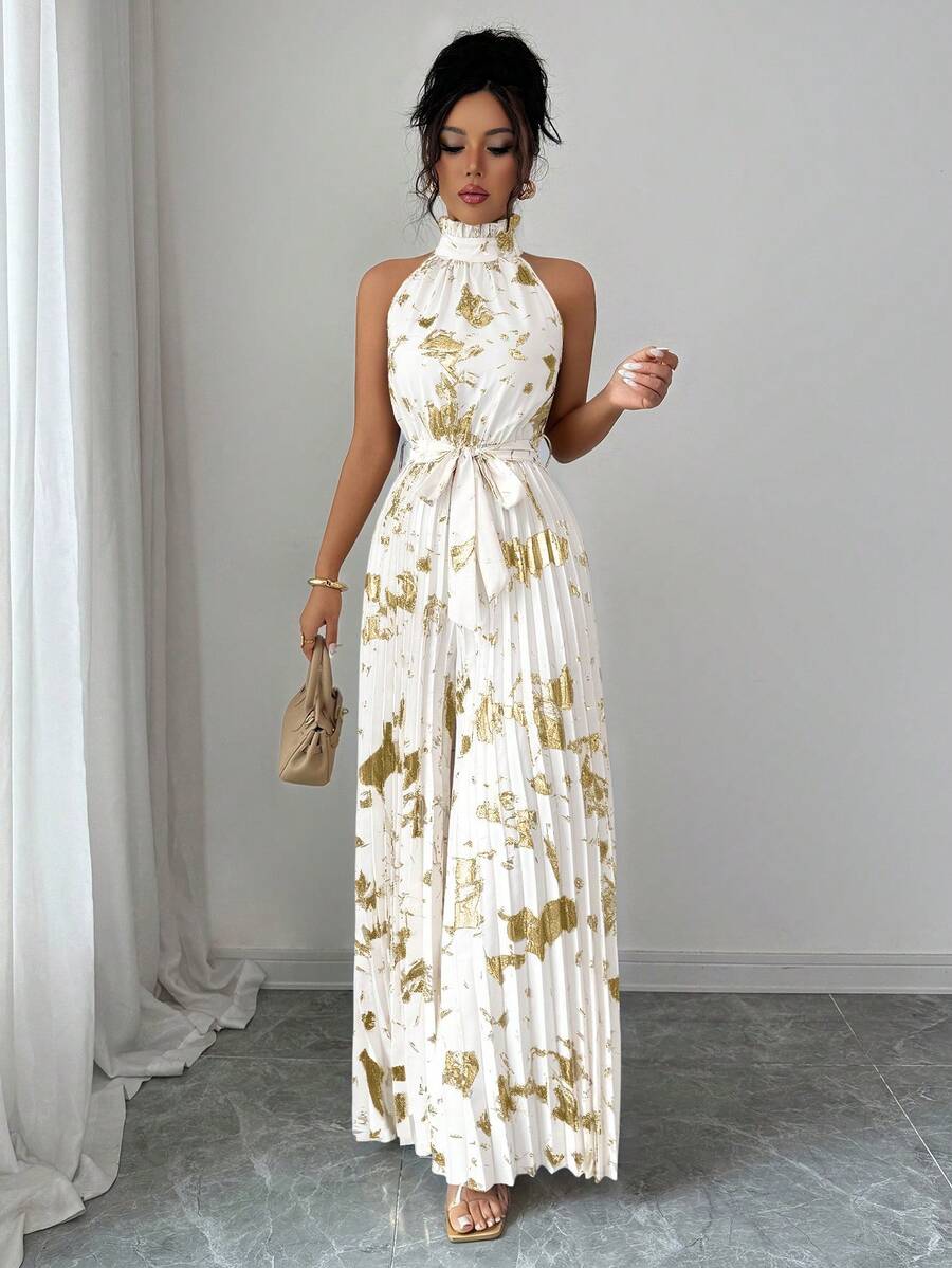 Elenzga 万圣节服装 无袖荷叶领优雅浪漫精致女士阔腿连体裤 - 白色 - 查看 1