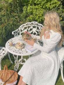 SHEIN MOD Women's Retro Mandarin Collar Bow Knit Jacquard Gigot Sleeve Dress, Suitable For Spring, Valentine's Day, Dates, Afternoon Tea - White - View 1