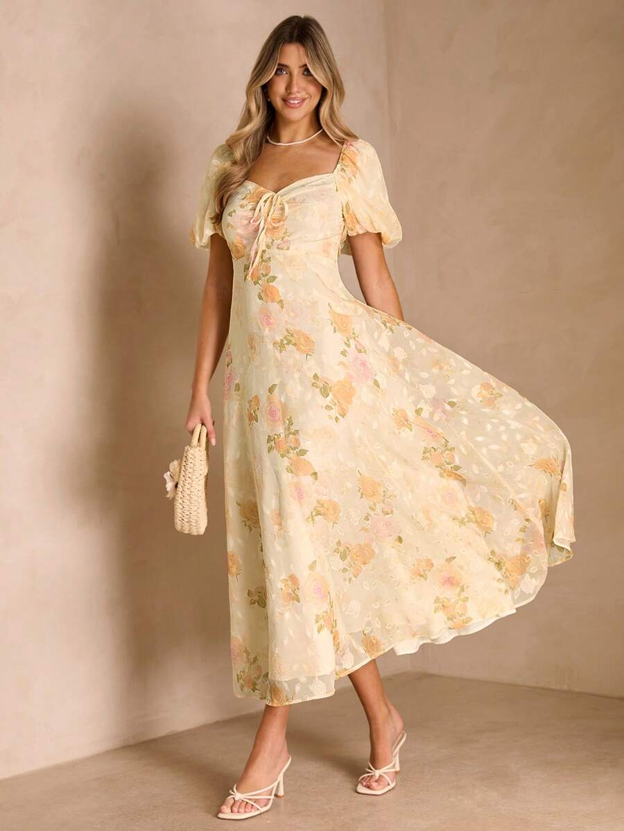 Enchnt 女士休闲碎花甜心领泡泡袖连衣裙，夏季