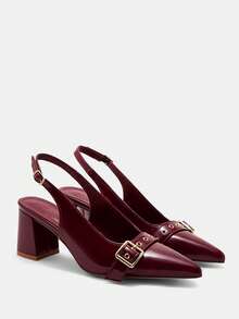 CUCCOO CURVES 女士尖头搭扣设计日常百搭时尚宽楦高跟鞋 - 酒紅色 - 查看 7