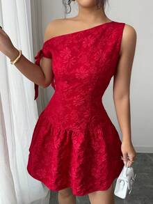Elenzga Đầm ngắn phối vạt chéo, chất liệu vải jacquard dệt họa tiết, vai lệch, thắt eo, kiểu dáng thanh lịch và tinh tế, phù hợp cho công sở, sinh viên, ngày Valentine, mùa xuân/hè. - Đỏ - Xem 8