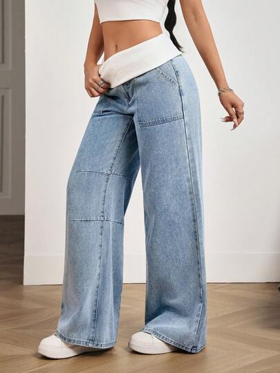 SHEIN PETITE Women's Contrast Color Waist Fold Pocket Wide Leg Loose Casual Jeans