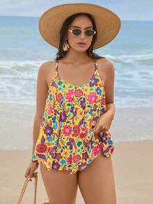 Swim Lushoire 2026 Set Baju Renang Tankini Wanita Ukuran Plus Terbaru, Baju Renang Dua Potong Motif Cetak Pinggang Tinggi dengan Hiasan Ruffle - Kuning - View 3
