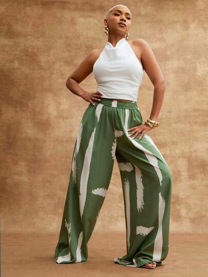 Vixey Woven Elastic Waistband Wide Leg Flowy Vacation Pants