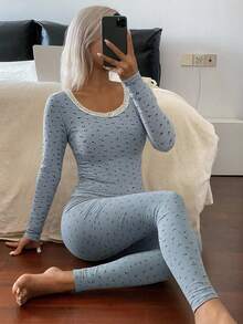 DAZY 两件套女士花卉蕾丝拼接修身长袖上衣和裤子睡衣套装 - 淺藍色 - 查看 3