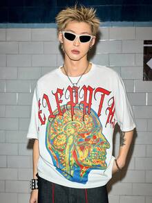 ROMWE MEN Grunge Punk Camiseta de manga de murciélago con cuello redondo y estampado de personaje de moda para verano para hombres - Gris - Ver 6