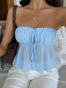 MainGRL New Summer Blue Cute Crop Top, Woven Ruched Bust Sleeveless Midriff-Baring Women Shirt - Blue - View 5