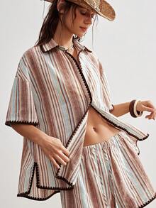 Bohemela 女士休闲条纹宽松短袖衬衫 - 彩色 - 查看 1