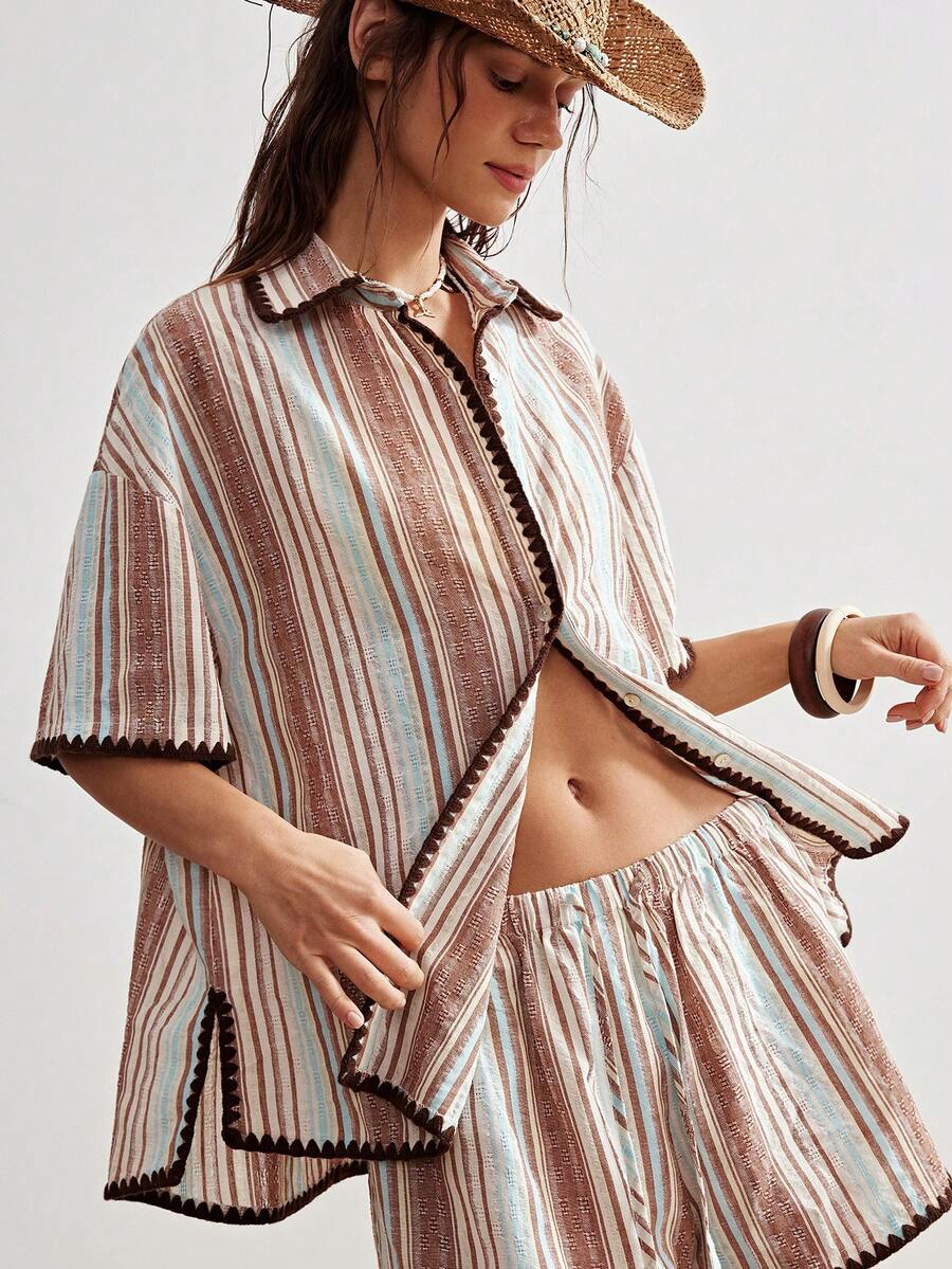 Bohemela 女士休闲条纹宽松短袖衬衫 - 彩色 - 查看 1