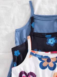 SHEIN Playful Pals Bộ 3 món áo liền quần/quần short cho bé gái mùa hè, họa tiết hoa và màu trơn, kiểu dáng thời trang đi nghỉ mát, đa năng. - Nhiều màu - Xem 7