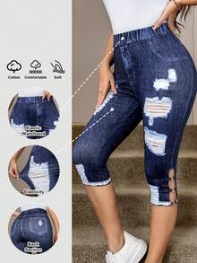 SHEIN LUNE Black 7-Point Leggings With Cutout Details For Women, Stretchy High-Waisted Leggings, Suitable For Sports, Casual And Fashion Wear Denim Capris For Women Ripped Women Jeans Capri Pants Set Curve Capris Jean 2 Piece Set - Blue - View 1