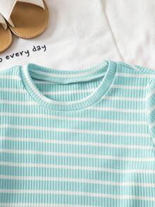 Genkimix Kids Young Girls Casual Textured Striped T-Shirt & Fashionable Flare Pants Set, Suitable For Summer, Outdoor Wear - Baby Blue - View 4