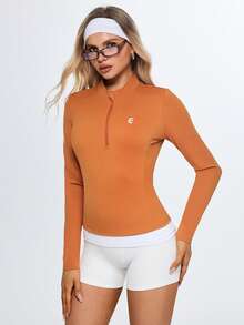 Eassivo Eassivo 女士健身上衣，二合一半拉链印花修身长袖T恤 - 香檳色 - 查看 4