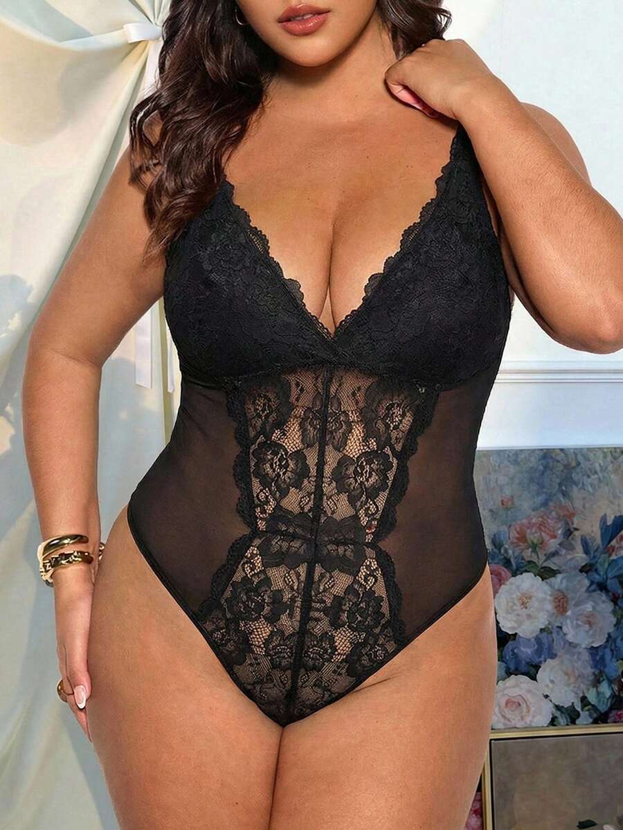 SHEIN EZwear قميص داخلي من الدانتيل مقاس كبير للنساء - الأسود - مشاهدة 1