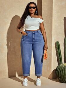 Slaydiva Plus Size Solid Color Casual Jeans Curve Jeans Plus Size Plus Size Jeans High Waisted Jeans Plus Size Curve Denim Plus Size Denim - Medium Wash - View 1