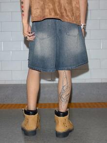ROMWE MEN Grunge Punk Pantalones cortos de mezclilla con cinturón, con ojales y rotos para hombre - Azul - Ver 3