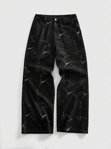 ROMWE MEN Street Life 男士印花宽松牛仔裤 - 黑色 - 查看 1