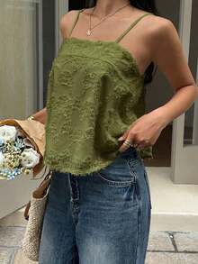 SHEIN Frenchy 女士纯色蕾丝休闲百搭吊带背心 - 綠色 - 查看 3