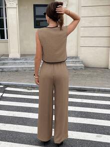 Serisse Women's Contrast Trim V-Neck Button Front Tank Top And Pants Casual 2 Pieces Set - Khaki - View 2