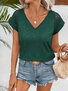 SHEIN Frenchy Women's V-Neck Lace Casual Versatile Daily Wear Short Sleeve T-Shirt - Dark Green - View 4