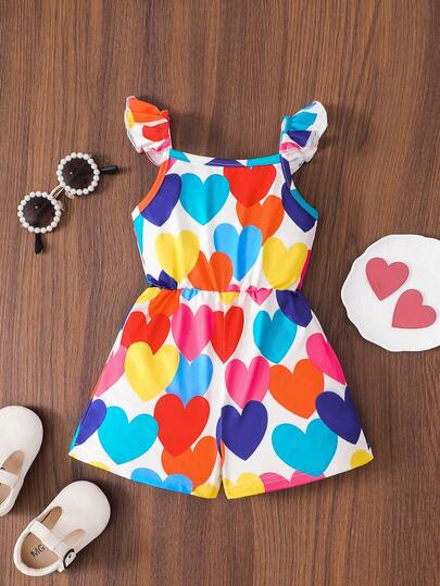 SHEIN 女婴可爱彩色爱心图案针织连体衣，夏季