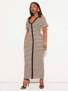 SHEIN SXY 夏季加大码V领短袖条纹修身连衣裙 - 彩色 - 查看 9