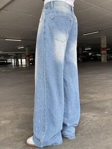 Ngobest Haus 1pc Men's Loose Fit Distressed Brick Print Denim Wide Leg Jeans - Blue - View 2