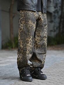 Devon Thys 男士豹纹牛仔裤，复古时尚休闲宽松直筒裤，垃圾摇滚 - 棕色 - 查看 6